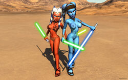 2012 2girls 3d aayla_secura ahsoka_tano blue_lightsaber clone_wars eyeliner eyeshadow female female_only green_lightsaber high_heels jedi jedi_master jedi_padawan kondaspeter lekku lipstick makeup metal_bikini multiple_girls slave_bikini star_wars tatooine the_clone_wars:_season_four togruta twi'lek