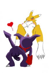 anthro barefoot beutelwolf breasts claws color digimon female fur furry furry_breasts furry_ears gloves heart impmon interspecies male nipples nude penis pink_nipples pointy_ears purple_skin raised_tail renamon spade_tail tail vulva white_background white_fur white_skin yellow_fur