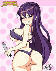 big_ass big_breasts blinded_fate_studios dildo doki_doki_literature_club long_hair looking_at_viewer looking_back naughty_face panties purple_hair purple_panties seductive thick_thighs thong underwear yuri_(doki_doki_literature_club)