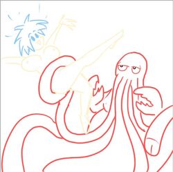 blue_hair claws cthulhu futurama large_breasts lifted_by_tentacles line_art tentacle tentacle_around_waist tentacles triangle_mouth zoidberg