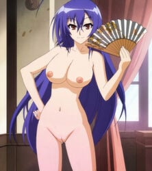 1girls bangs big_breasts breasts edit exhibitionism fan frisky holding_object innie_pussy kurokami_medaka long_hair looking_at_viewer medaka_box no_clothes nude nude_female purple_hair pussy red_eyes screencap screenshot_edit smile solo solo_focus teenage_girl teenager very_long_hair