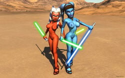 2012 2girls 3d aayla_secura ahsoka_tano blue_lightsaber clone_wars eyeliner eyeshadow female female_only green_lightsaber jedi jedi_master jedi_padawan kondaspeter lekku lightsaber lipstick makeup multiple_girls star_wars tatooine the_clone_wars:_season_four togruta twi'lek