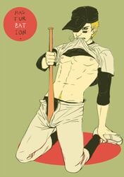 1boy baseball_bat baseball_cap biting_shirt blush cacoethic_(artist) cleats digital_media_(artwork) human lifted_shirt male male_only masturbation off_(game) on_knees solo the_batter unbuttoned_pants video_games yellow_hair