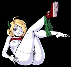 apple_butt areola black_background blonde_hair blue_eyes cave_story curly's_panties curly_brace daspyorno green_panties hair_ornament legs_up panties playful shirt_lift short_hair sitting smile solo stripping