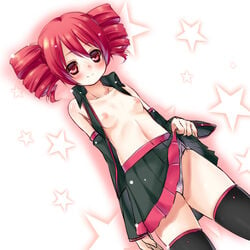 bare_breasts bare_shoulders black_clothing blush kasane_teto looking_at_viewer panties red_eyes red_hair skirt skirt_lift small_breasts star_background stockings tagme utau vocaloid white_panties