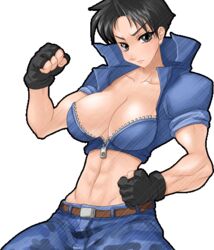 1girls abs belt black_hair breasts cleavage crop_top female female_only grey_eyes midriff muscular_female navel pants sayaka sayaka_(ssf4) sayaka_(strip_fighter) short_hair short_sleeves solo super_strip_fighter_4 tagme zipper