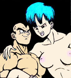 1boy 1girls biceps breasts_on_chest bulma_briefs dragon_ball dragon_ball_z emperor-dajjal female human husband_and_wife light-skinned_female light_skin male muscles nippleless_male photoshop straight vegeta