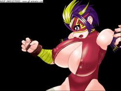 1girls amanda_(ssf4) amanda_(strip_fighter) animated animated_gif axelduel bouncing_breasts bracelet breasts female female_only fingerless_gloves large_breasts leotard lowres mask nipples purple_eyes purple_hair red_leotard shin_(studios) short_hair solo super_strip_fighter_4 thong_leotard