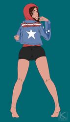 1girls america_chavez bike_shorts brown_eyes brown_hair dark-skinned_female dark_skin female female_only kyder latina marvel marvel_comics miss_america miss_america_chavez redbone short_shorts solo spats young_avengers