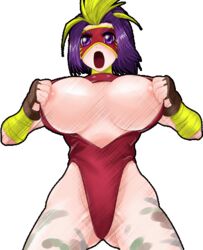 1girls amanda_(ssf4) amanda_(strip_fighter) bracelet breasts female female_only fingerless_gloves flashing large_breasts leotard lowres mask nipples purple_eyes purple_hair red_leotard shin_(studios) short_hair solo super_strip_fighter_4 tagme thong_leotard