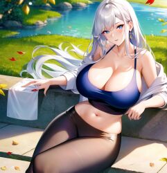 1girls 2023 ai_generated curvaceous curvy_female female_only highres latex_trousers long_hair looking_at_viewer milf original_character silver_hair sitting stable_diffusion tagme voluptuous_female