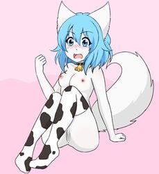 animal_ears blue_eyes blue_hair collar cowbell_collar dot_nose edited_image embarrassed_nude_female eyebrows_visible_through_hair fangs medium_breasts open_mouth pink_background shocked_expression short_hair socks_only tagme thighhighs thighhighs_only virtual_youtuber wolf_ears wolf_girl wolf_tail wolfychu wolfychu_(artist)