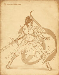 armor bbc-chan code_of_princess cosplay female gauntlets large_breasts long_hair monochrome open_toe_shoes ponytail sandals solange_blanchefleur_de_lux solo sword tail tied_hair zweihander