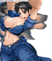 1girls abs animated animated_gif axelduel belt black_hair bouncing_breasts breasts cleavage crop_top female female_only fingerless_gloves gloves grey_eyes jumping midriff muscular_female navel pants sayaka sayaka_(ssf4) sayaka_(strip_fighter) short_hair short_sleeves solo super_strip_fighter_4 tagme zipper