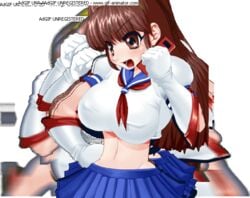 1girls animated axelduel bouncing_breasts breasts brown_hair female female_only gloves hairband long_hair mari mari_(ssf4) mari_(strip_fighter) midriff miniskirt navel sailor_uniform solo super_strip_fighter_4 tagme transparent_background