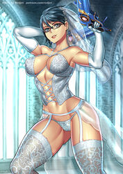 1girls bayonetta bayonetta_(character) bayonetta_2 big_breasts black_hair bridal_lingerie church cross-laced_clothes earrings elbow_gloves female female_focus female_only firearm garter_belt garter_belt_leggings garter_straps glasses grey_eyes gun guns handgun lace-trimmed_bra lace-trimmed_panties lace-trimmed_thighhighs lace_bra lace_panties lingerie mature_female mole_under_mouth posing redjet short_hair skirt small_panties solo solo_female solo_focus toned toned_female weapon white_bra white_gloves white_lingerie white_panties