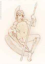 1boy 2009 athena erect_nipples flaccid genderswap genderswap_(ftm) greek_mythology helmet human human_only jahi looking_at_viewer male male_only meander mythology nude open_toe_shoes penis presenting rule_63 sandals shield shin_guards sitting solo spear spread_legs uncut yuni