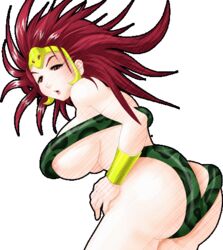 1girls ass bracelet breasts female female_only functionally_nude functionally_nude_female human human_only large_breasts light-skinned_female light_skin lipstick long_hair medusa_(ssf4) medusa_(strip_fighter) nipple_slip red_eyes red_hair snake snake_tiara solo super_strip_fighter_4 tagme