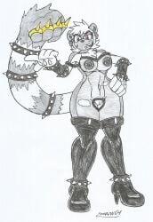 bad_face big_hips black_lipstick black_nipples brass_knuckles exposed_pussy eyeshadow female gray_body gray_fur high_heel_boots lip_piercing long_boots long_gloves long_tail looking_at_viewer marlon64 medium_breasts mobian_lemur nipple_piercing punk punk_girl purple_eyes scar_on_face skull_earrings solo_female sonic_the_hedgehog_(idw) spiked_bracelets spiked_hair tangle_the_lemur traditional_drawing_(artwork) transparent_clothing white_background white_body white_fur white_hair