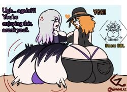 2girls angry angry_vein annoyed annoyed_expression ass ass_bigger_than_head ass_body ass_expansion ass_focus ass_to_ass bbl big_ass big_butt boon breasts dead_by_daylight expansion female freckles freckles_on_face ghagalaz glasses goth goth_girl gothic gothic_girl huge_ass huge_butt jeans light_blue_eyes makeup mikaela_reid orange_hair presenting presenting_ass presenting_hindquarters purple_panties red_lipstick sable_ward silver_hair sitting thong