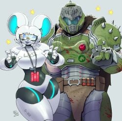 1boy 1girls android arzyparzy cute doom doom_(series) doom_slayer_(doom) doom_slayer_(doom_the_dark_ages) doom_the_dark_ages double_peace_sign female hourglass_figure male mouse_ears original original_character peace_sign robot robot_girl robot_humanoid slim_waist stars thick_thighs wide_hips