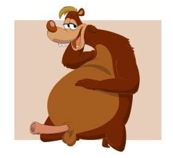 absurd_res animal_genitalia animal_penis anthro balls bear bent_legs bob-jiggles brown_body brown_fur brown_nose disney erection fur genitals green_eyes hair half-closed_eyes hand_behind_head hand_on_belly hand_on_neck head_tuft hi_res kneeling looking_at_viewer male mammal narrowed_eyes open_mouth overweight overweight_anthro overweight_male penis rounded_ears rounded_teeth simple_background slightly_chubby slightly_chubby_anthro slightly_chubby_male solo tongue toon_bear tuft ursine_penis who_framed_roger_rabbit