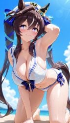 ai_generated animal_ears armpits beach bikini black_hair blue_eyes female horse_girl legs long_hair ribbon_in_hair twintails umamusume umamusume_pretty_derby vivlos_(umamusume)