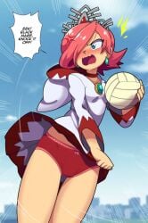 bow_panties embarrassed_underwear_female english_text euf euf-dreamer mario_(series) mario_sports_mix motion_lines nintendo pink_hair red_panties square_enix upskirt volleyball white_mage_(mario)