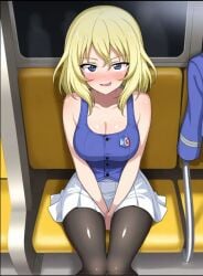ai_generated big_breasts breasts female girls_und_panzer jacket looking_at_viewer oshida_(girls_und_panzer) skirt stockings thighhighs train train_car