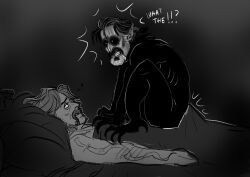 1demon 1human 2boys 2males aroused bara barazoku beard black_body boner calico_jack dorian_rattwel erection_under_blanket gay izzy_hands long_hair long_hair_male male modern_au monochrome our_flag_means_death shocked_expression sleep_paralysis_demon