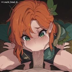 1boy :>= ai_dota_ai ai_generated barefoot black_shorts blush breasts dota_2 fellatio female freckles from_above green_dress green_eyes hair_ornament kakure_eria_(ai_style) leaf_hair_ornament lyralei male male_pubic_hair oral orange_hair penis pov pov_crotch pubic_hair shorts shoulder_armor solo_focus squatting straight tearing_up tears uncensored veins veiny_penis windranger