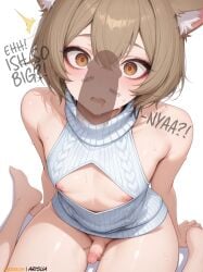 1boy 2025 ai_generated anime anime_style arisua artist_name bangs blush breath brown_eyes brown_hair caption cleavage cleavage_cutout clothed dick_shadow felix_argyle femboy high_quality high_resolution highres horny looking_at_viewer male nipple_slip onomatopoeia otoko_no_ko patreon patreon_username penis_shadow perfect_body re:zero_kara_hajimeru_isekai_seikatsu salivating shock size_difference solo solo_focus steam suprised sweat thick_thighs thighs trap uncensored virgin_killer_sweater watermark