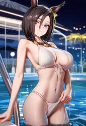 ai_generated air_groove_(umamusume) animal_ears bikini black_hair blue_eyes blunt_cut breasts eyebrows female hair_accessory pool umamusume umamusume_pretty_derby wet