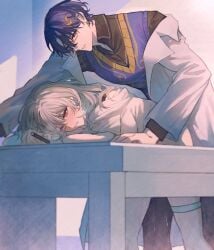1boy absurdres bent_over bent_over_furniture black_pants black_shirt blue_sweater_vest blush clenched_teeth dr._ratio_(honkai:_star_rail) eyeliner female furrowed_brow garter_straps glasses grey_hair hands_on_table highres holding holding_pen honkai:_star_rail honkai_(series) ikasuyosei implied_sex lab_coat makeup male medium_hair one_eye_closed pants pen purple_hair pussy_juice red_eyeliner red_eyes sex sex_from_behind shirt simple_background stelle_(honkai:_star_rail) straight sweater_vest table teeth trailblazer_(honkai:_star_rail) white_shirt yellow_eyes
