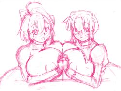 2girls ahoge arcueid_brunestud big_breasts blush breasts_bigger_than_head breasts_focus ciel_(tsukihime) doodle enormous_breasts glasses hand_holding huge_breasts large_breasts looking_at_viewer melty_blood pressed_against pressing_breasts pressing_breasts_together rough_sketch short_hair sketch smile top_heavy tsukihime unfinished yorisaka_yuuhei