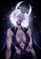 1girls aasimar aliciam breasts crown dark_elf dnd drow dungeons_and_dragons elf_ears elf_female elf_girl female glowing_eyes halo jewelry looking_at_viewer night night_sky pink_eyes pointy_ears purple_body purple_skin sideboob stars vespera_(starfallvr) vtuber white_hair