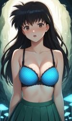 1girls ai_generated big_breasts black_hair blush bra brown_eyes cave cleavage curvy curvy_female female female_only green_skirt her_brother_drives_a_subaru inuyasha kagome_higurashi long_hair mushroom self_upload skirt stable_diffusion upper_body