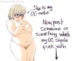 blonde_hair blush breasts cloudxmoe collarbone completely_nude cowboy_shot english_text fat female glasses highres large_breasts medium_hair navel nipples nude original self_insert simple_background solo web_address white_background