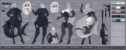 absurd_res anthro armor ass balls big_balls big_butt blonde_hair blue_eyes bulge bullpup clothing dress english_text extended_magazine fangs fish footwear futanari genitals gun gynomorph hair handgun hi_res high_heels intersex knife legwear lingerie marine model_sheet pistol pupils ranged_weapon rifle shark sharp_teeth shoes silvone_du_bois slit_pupils sniper_rifle solo stockings surpressor teeth text tongue tongue_out visor weapon wmdiscovery93