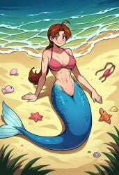 1girls ai_generated anime beach big_breasts bikini_top delia_ketchum_(pokemon) female fish_girl mermaid mermaid_tail midriff monster_girl nintendo pinup pokemon poptoonz scales solo