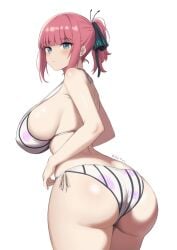 arms_at_sides artist_name ass ass_focus back bikini black_bikini black_ribbon blue_eyes blush breasts closed_mouth cowboy_shot embarrassed eyebrows eyelashes female female_focus flower_print go-toubun_no_hanayome hair_ribbon highres huge_ass huge_breasts looking_at_viewer looking_back multicolored_bikini nakano_nino ponytail print_bikini red_hair ribbon short_hair short_ponytail simple_background solo standing striped_bikini striped_clothes swimsuit two-tone_bikini vertical-striped_bikini vertical-striped_clothes white_background white_bikini zetyi