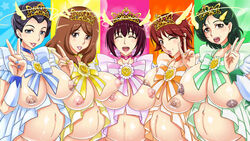 5girls aoki_shizuko blue_eyes blue_hair blue_nails breasts brown_hair choker clothing crown dark_nipples female female_only glands_of_montgomery green_hair green_nails hamasei hino_masako hoshizora_ikuyo kise_chiharu large_breasts lipstick long_hair magical_girl midorikawa_tomoko milf nail_polish nipples orange_nails peace_sign pink_lipstick pregnant pretty_cure purple_hair red_hair revealing_clothes short_hair smile_precure tetsukui wink yellow_nails