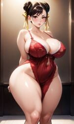 1girls ai_generated asian asian_female big_breasts breasts brown_eyes brown_hair capcom chun-li cleavage curvaceous curvy_female earrings female female_only hands_behind_back hourglass_figure large_breasts light-skinned_female light_skin looking_at_viewer night nightgown nightwear ramen_calentito stand street_fighter thick thick_thighs voluptuous voluptuous_female wide_hips