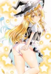adjusting_panties ass black_hat blonde_hair bow braid breasts closed_mouth curvy curvy_body curvy_female curvy_figure curvy_hips curvy_legs curvy_thighs dot_nose female hair_between_eyes hat hat_bow highres huyugiri_luna large_breasts legs light_blush light_smile long_hair magic_user magical_girl magician magician_hat marisa_kirisame marker_(medium) panties puffy_sleeves sideboob solo star_(symbol) star_symbol_background thick_hips thick_legs thighs touhou traditional_media underwear very_long_hair wedgie white_bow white_panties wide_hips wide_thighs witch witch_hat yellow_eyes