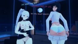 2girls black_hair black_hair_female blake_belladonna breasts cat_ears dialogue female indrick_[artist] long_hair long_hair_female no_bra panties removing_clothing rwby weiss_schnee white_hair white_hair_female yellow_eyes