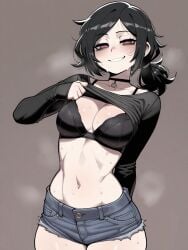 1girls ai_generated ashley_graves belly_button black_bra black_hair black_shirt booty_shorts bra bra_strap choker eyeliner female female_focus lifted_by_self long_sleeves looking_at_viewer makeup medium_hair messy_hair naughty_face off_shoulder pale-skinned_female pale_skin pink_eyes ponytail pov_eye_contact presenting presenting_breasts seductive seductive_look seductive_smile shirt_lift short_shorts shorts sleeves_past_wrists smile steam steaming_body stomach sweat sweatdrop the_coffin_of_andy_and_leyley thighs tummy