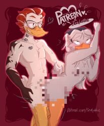 against_wall avian beak bird commission commissions_open duck ducktales ducktales_(2017) feathers fit_male fucked_from_behind glasses oc patreon red_hair sex standing standing_sex straight tattoo tattoos