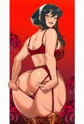 1girls 2d 2d_(artwork) ass ass_focus back back_view backless_panties big_ass big_breasts black_hair blush breasts butt_crack crotchless_panties earrings female female_only garter_belt garter_straps hairband kukumomo lingerie long_hair looking_at_viewer open_bottomwear red_eyes red_lingerie red_underwear seductive seductive_look seductive_smile smile smiling smiling_at_viewer solo spy_x_family thick_thighs thighs underwear yor_briar yor_forger