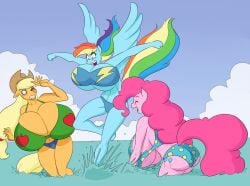 10s 2010s 2015 anthro anthrofied applejack_(mlp) ass big_breasts bikini blue_body blue_feathers blue_fur breasts cleavage clothed clothing earth_pony equid equine feathered_wings feathers female friendship_is_magic fur group hasbro hi_res horse huge_breasts hyper hyper_breasts mammal marauder6272 multicolored_hair multicolored_tail my_little_pony mythological_creature mythological_equine mythology pegasus pinkie_pie_(mlp) pony rainbow_dash_(mlp) rainbow_hair rainbow_tail swimwear tail trio underboob wings