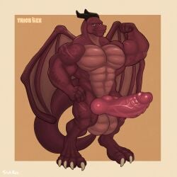 2025 4_fingers 4_toes abs abstract_background absurd_res animal_genitalia animal_penis anthro artist_name balls biceps big_balls big_pecs big_penis biped black_horn brown_balls brown_body brown_eyes claws colored digital_drawing_(artwork) digital_media_(artwork) dragon english_text erection european_mythology feet fingers flexing genitals glans hi_res horn knot knotted_penis looking_at_viewer male multicolored_body muscular muscular_anthro muscular_male mythological_creature mythological_scalie mythology nude nude_anthro nude_male pecs penis pink_glans pink_penis red_body scalie scar serious signature simple_background solo spread_wings text thick_penis toe_claws toes triceps trick_rex two_tone_body vein veiny_penis western_dragon white_toe_claws wings
